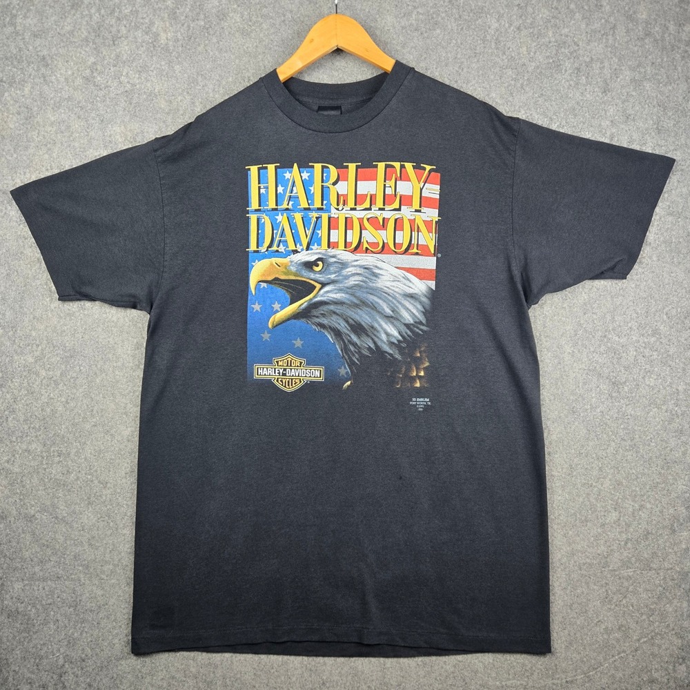 Vintage Harley Davidson 3D Emblem T Shirt Mens 2XL Black 1991 90s Eagle Flag